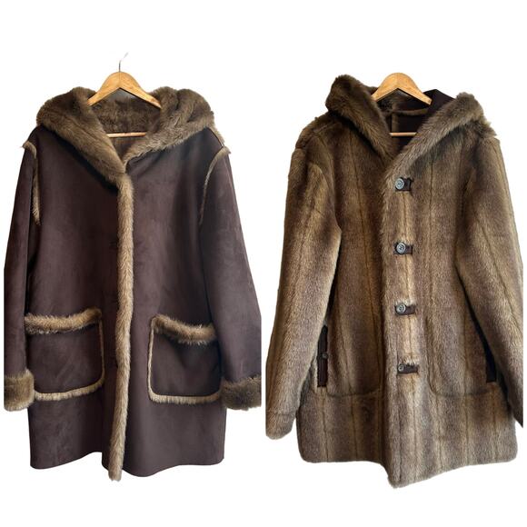 Dennis Basso Reversible Faux Suede and Fur Hooded Coat Brown M - Picture 1 of 14